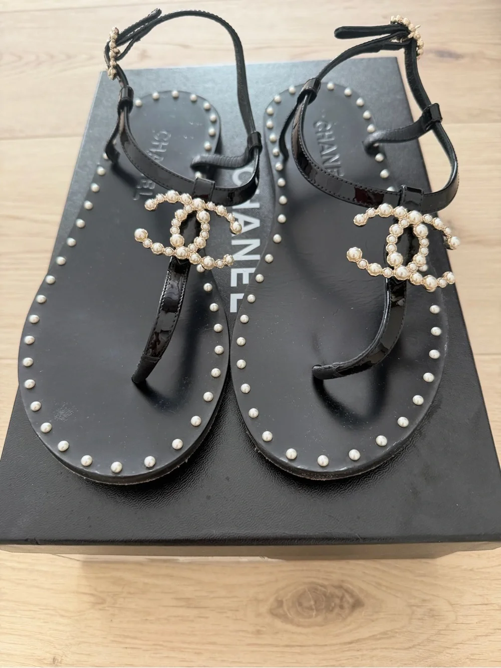CHANEL Black Pearl-Accent T-Strap Sandals